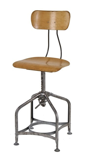 fully refinished c. 1930's vintage american industrial adjustable height toledo stool with spacious saddle seat and strong supportive original backrest