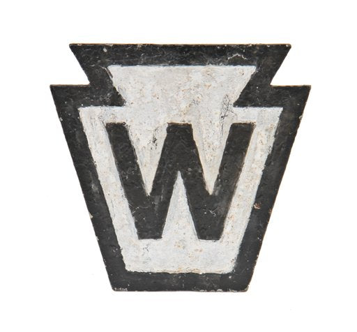 original old american industrial pennsylvania railroad black and white enameled cast iron wayside "whistle" post sign