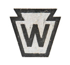 original old american industrial pennsylvania railroad black and white enameled cast iron wayside "whistle" post sign