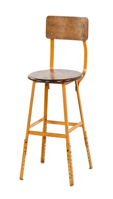 adjustable height c. 1940's american industrial four-legged stationary factory machine shop stool with maple wood circular seat and contoured backrest