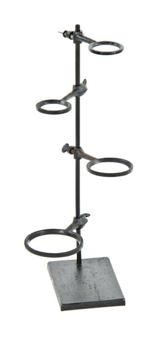 intact c. 1920's university of chicago freestanding laboratory benchtop black enameled retort stand with a multitude of adjustable ring clamps