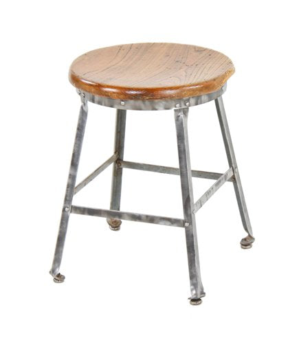 original c. 1930's low-lying vintage american industrial four-legged riveted joint factory stool with solid oak wood round top
