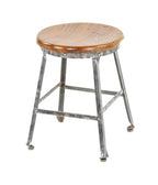 original c. 1930's low-lying vintage american industrial four-legged riveted joint factory stool with solid oak wood round top
