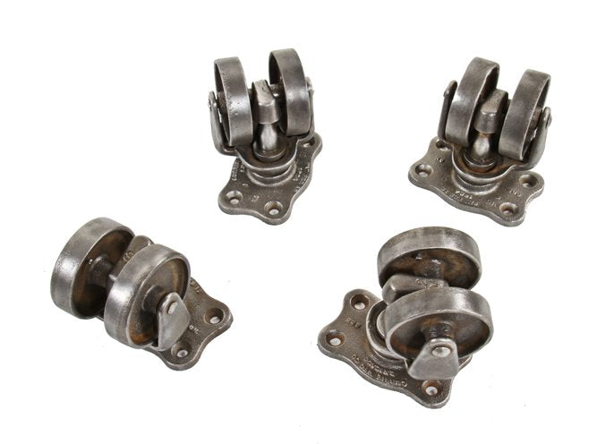 matching lot of original late 1920's american industrial reinforced brushed iron factory cart double wheel swivel casters