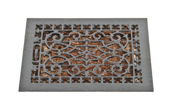 19th century ornamental black enameled cast iron interior residential wall or floor louvered grate with intricate design