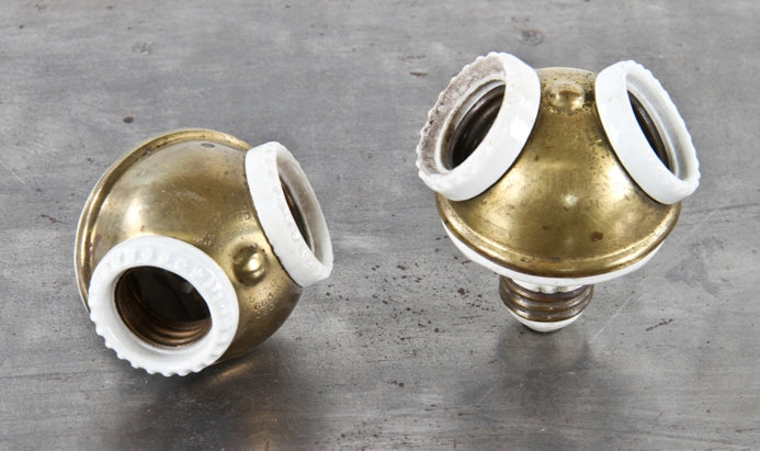 set of original early american industrial electric double lamp patented "benjamin" socket clusters with standard edison screw base plugs