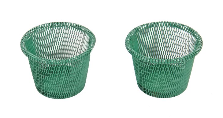 matching pair of vintage american industrial "factory green enameled" expandable steel diamond mesh plant pot liners
