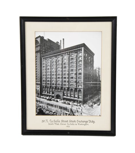 original early 1920's framed and matted gelatin silver photographic print depicting the exterior facade of the adler and sullivan chicago stock exchange building