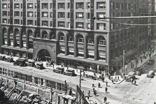 original early 1920's framed and matted gelatin silver photographic print depicting the exterior facade of the adler and sullivan chicago stock exchange building