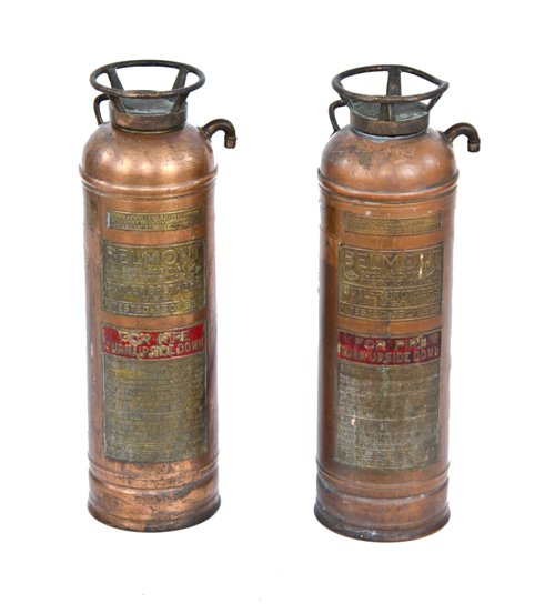 original vintage american industrial wall mount riveted joint brass "belmont" fire extinguisher with nicely aged surface patina