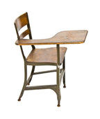 late 1930's all original american industrial "uhl art steel" stationary green enameled steel classroom chair desk with tablet arm configuration