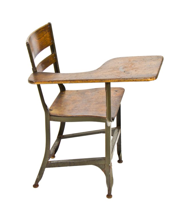 late 1930's all original american industrial "uhl art steel" stationary green enameled steel classroom chair desk with tablet arm configuration