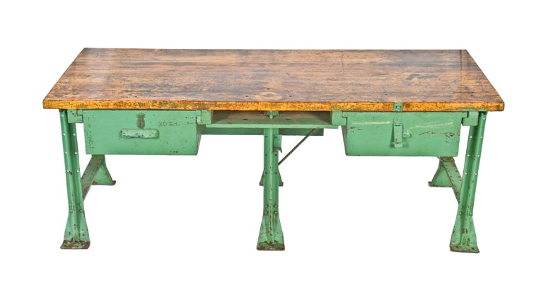 c. 1940's american industrial oversized factory maple top workbench with "factory green" enameled formed channel shape steel bases