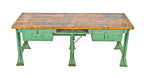 c. 1940's american industrial oversized factory maple top workbench with "factory green" enameled formed channel shape steel bases
