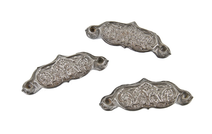 three matching original 19th century american antique victorian era ornamental cast iron residential kitchen cabinet drawer or bin pulls