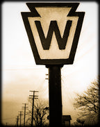 original old american industrial pennsylvania railroad black and white enameled cast iron wayside "whistle" post sign