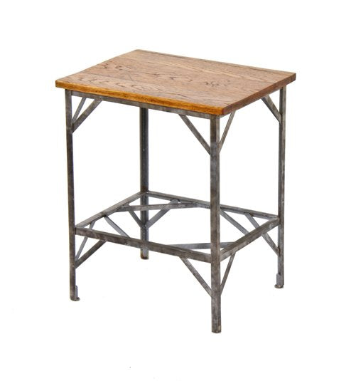 all-riveted joint angled iron early 20th century american factory office side work stand with original varnished white oak wood tabletop