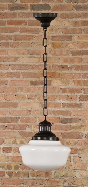 early 20th century interior reliance building office "schoolhouse" style pendant light with intact spun brass ceiling canopy and globe fitter