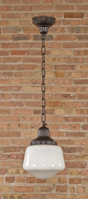 c. 1920's interior reliance building office or hallway single electric ceiling pendant light fixture with uniquely-shaped opalescent shade
