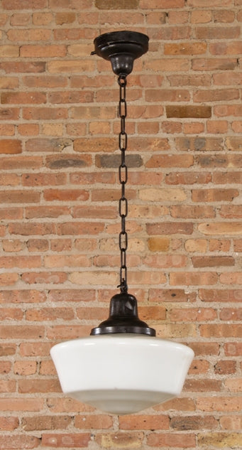 turn of the century american antique interior reliance office building single electric pendant light ceiling fixture with white opalescent glass shade