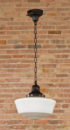 turn of the century american antique interior reliance office building single electric pendant light ceiling fixture with white opalescent glass shade