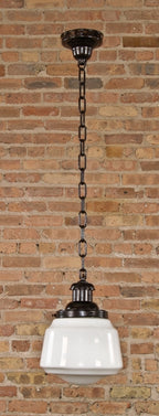 original c. 1920's american industrial reliance office building utility closet pendant ceiling light fixture with turned and tapered style white opalescent glass shade