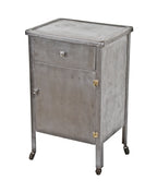 original and intact c. 1930's vintage american medical "amf" brushed cold-rolled steel hospital room supply cabinet with bassick swivel casters