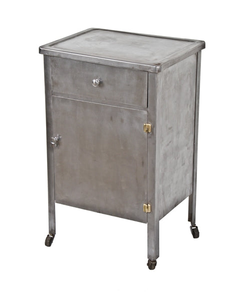 original and intact c. 1930's vintage american medical "amf" brushed cold-rolled steel hospital room supply cabinet with bassick swivel casters