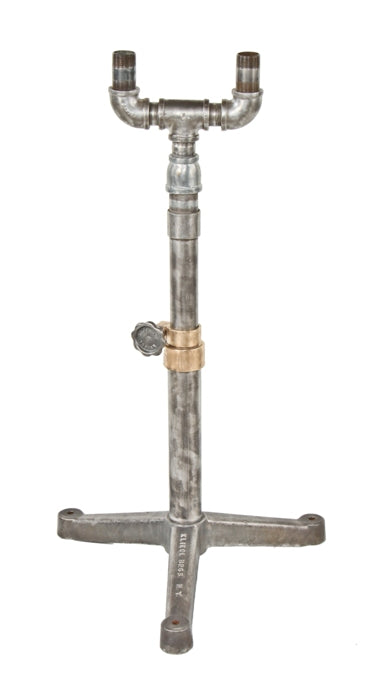 c. 1930's american industrial heavy duty telescopic theater arc spotlight pedestal stand with weighted three-legged cast iron base