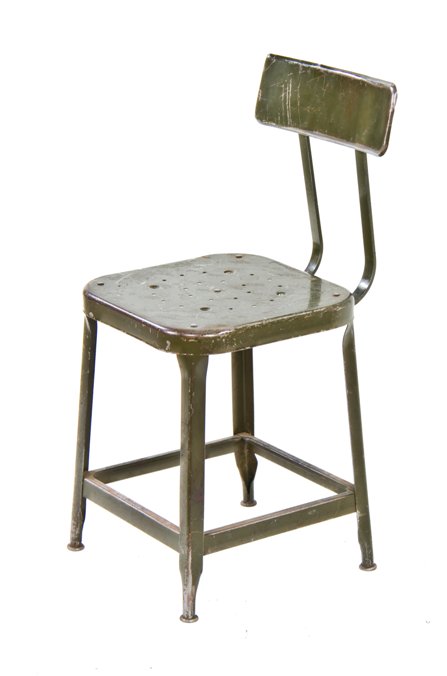 c. 1940's diminutive olive green enameled folded and pressed four-legged american industrial stool with adjustable backrest