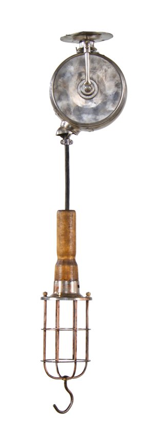 original and intact 1920's antique american industrial ceiling-mount "reelite" drop-down trouble light or lamp with turned wood handle and copper-plated cage or bulb guard