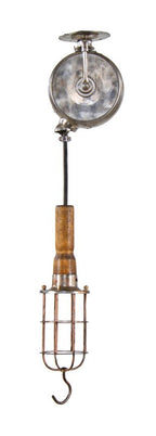 original and intact 1920's antique american industrial ceiling-mount "reelite" drop-down trouble light or lamp with turned wood handle and copper-plated cage or bulb guard