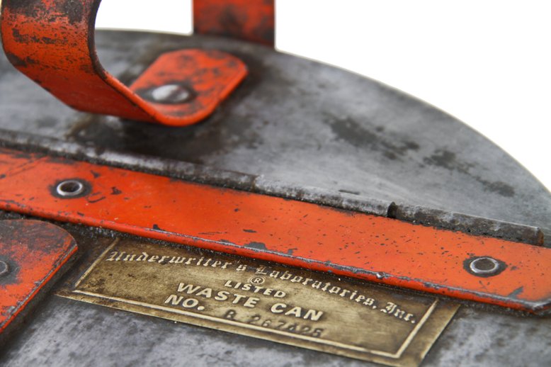 late 1930's original and intact american industrial stationary "justrite" galvanized steel factory oily waste can with functional flip-top rolled rim lid