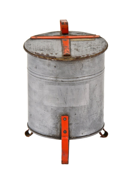 late 1930's original and intact american industrial stationary "justrite" galvanized steel factory oily waste can with functional flip-top rolled rim lid