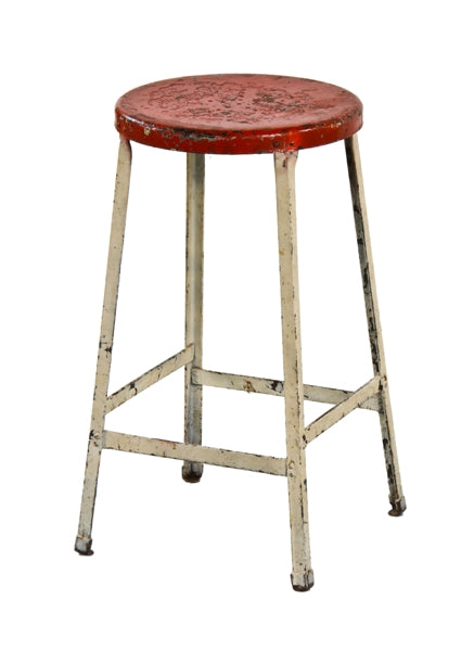 all-riveted c. 1930's vintage american industrial four-legged angled iron factory machinist stool with nicely worn and weathered paint finish