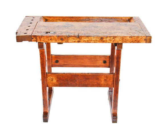 original c. 1915 american industrial "no. 9" christiansen solid maple wood stationary workbench with recessed tool tray compartment