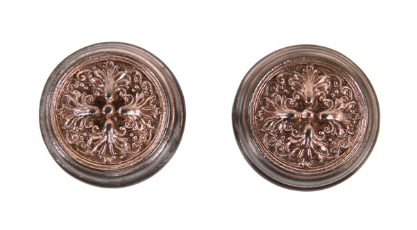 matching set of early 1900's american antique ornamental cast iron "truro" pattern copper-plated cast iron passage size doorknobs