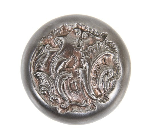refinished early 20th century "belfort" ornamental cast iron passage size rococo style doorknob with copper-plated finish