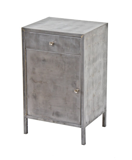 late 1930's american vintage medical brushed cold-rolled steel "simmons" hospital room supply cabinet with single drawer and cabinet door