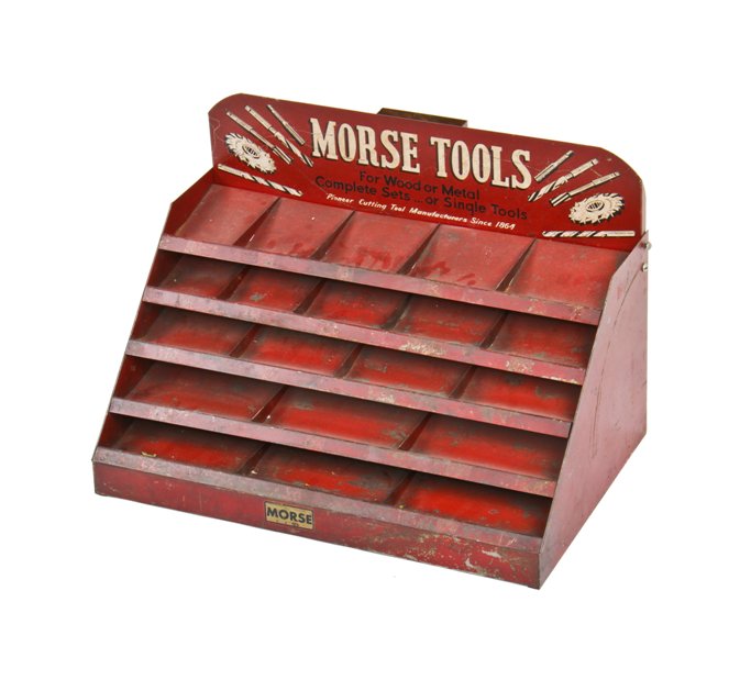 unique c. 1940's vintage american industrial angled front hardware store "morse tools" advertising counter display cabinet with original enameled finish