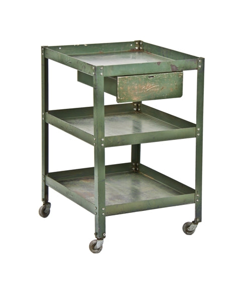 late 1940's vintage american industrial "pollard green" enameled three tier mobile factory cart with single pull-out drawer