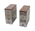 matching set of repurposed c. 1920's vintage industrial "art metal" cold-rolled steel side tables or nightstands with solid walnut wood "floating" tops