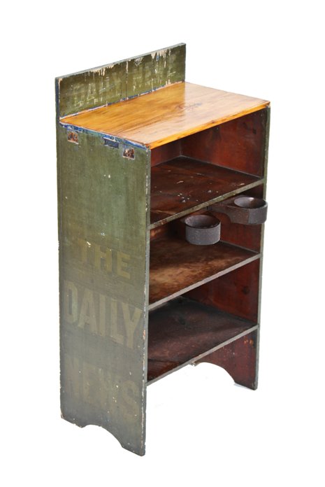 rare depression era american outdoor "chicago daily news" street vendor hand-painted wood newsstand with pivoting loose change cups