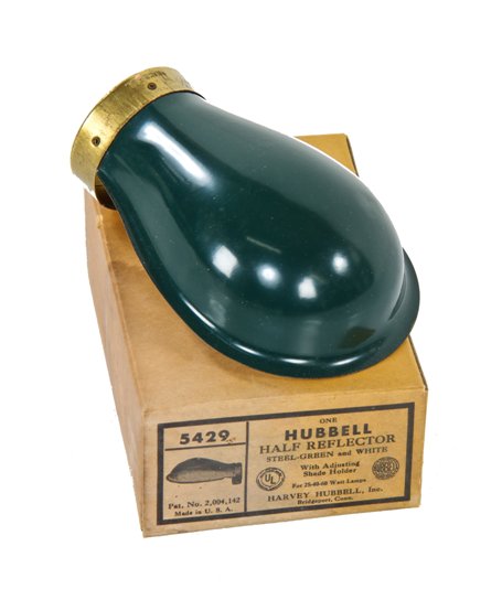 hard to find new old stock c. 1930's american industrial "no. 5429" hubbell green enameled pressed steel reflector with patented shade holder
