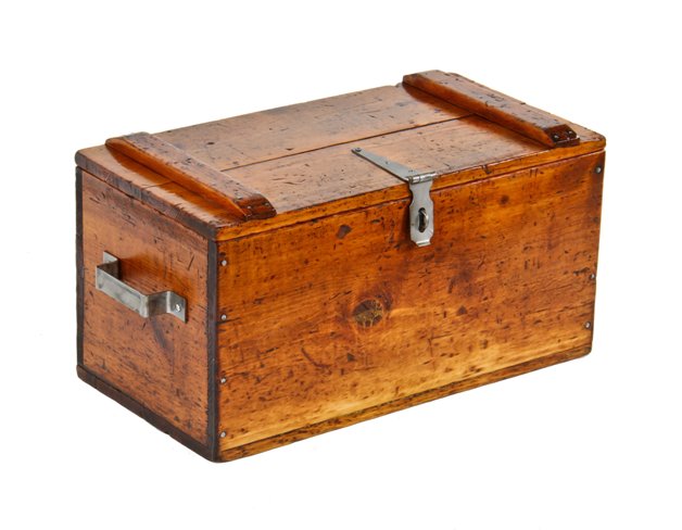 early 20th century vintage american industrial steamfitter's refinished pine lockable tool chest with reinforced bent steel stationary handles