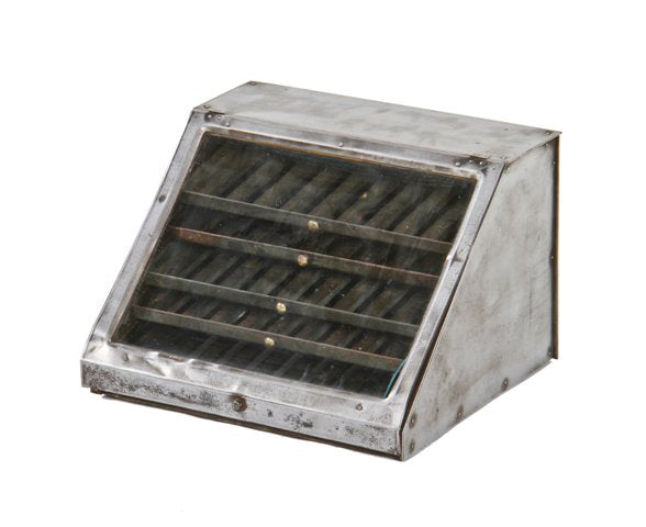intact american antique industrial sewing thread angled front pressed and folded sheet steel display case with hinged cabinet door