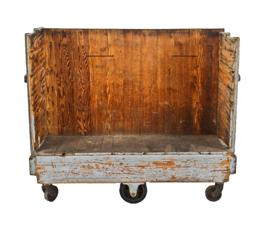 worn and weathered c. 1920's american industrial packaging plant three-sided "nutting" furniture cart with original and intact oversized casters