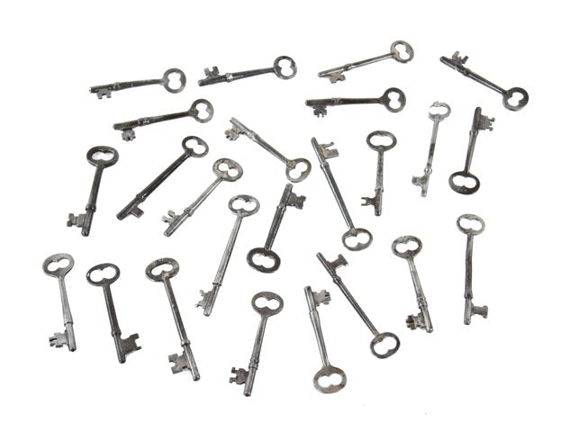 large lot of refinished stamped steel late 19th and early 20th century american interior and/or exterior residential mortise lock skeleton keys