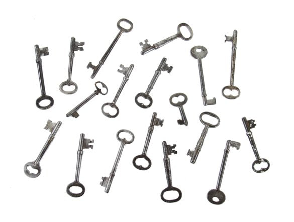 variety of original antique american residential stamped steel mortise lock skeleton keys with lightly incised manufacturer markings