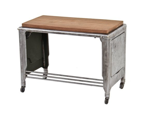 repurposed c. 1930's american art deco "skyscraper" style factory office brushed metal drop leaf typewriter table with newly added solid walnut wood top